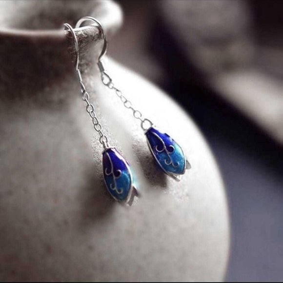 SOLD Long Dangle Botanic Cloisonne Floral Earrings - Picture 4 of 4